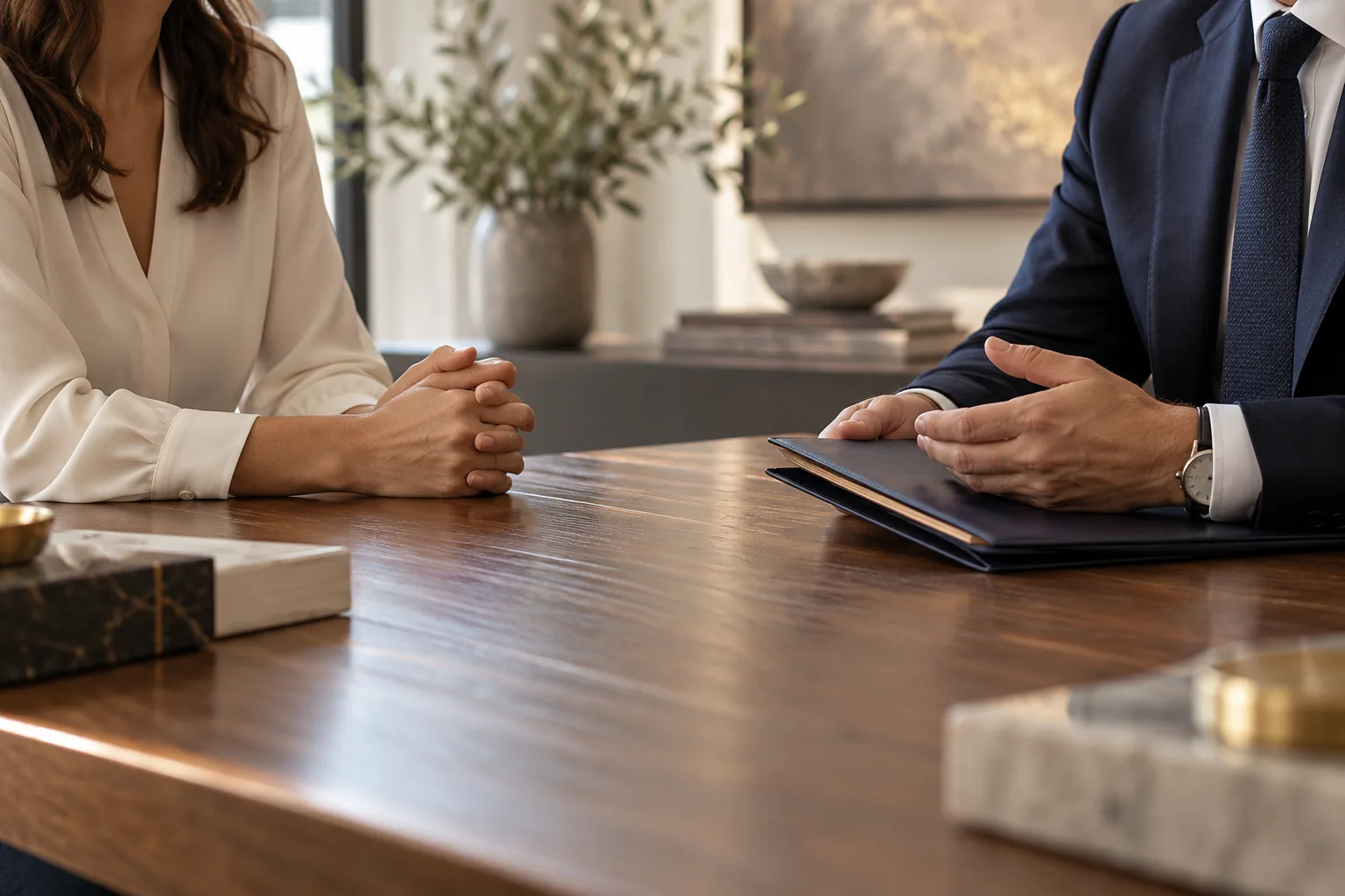 Conversación de asesoría en una mesa de trabajo